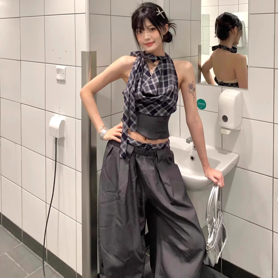 美式辣妹褶皱格纹飘带挂颈背心女夏季气质短