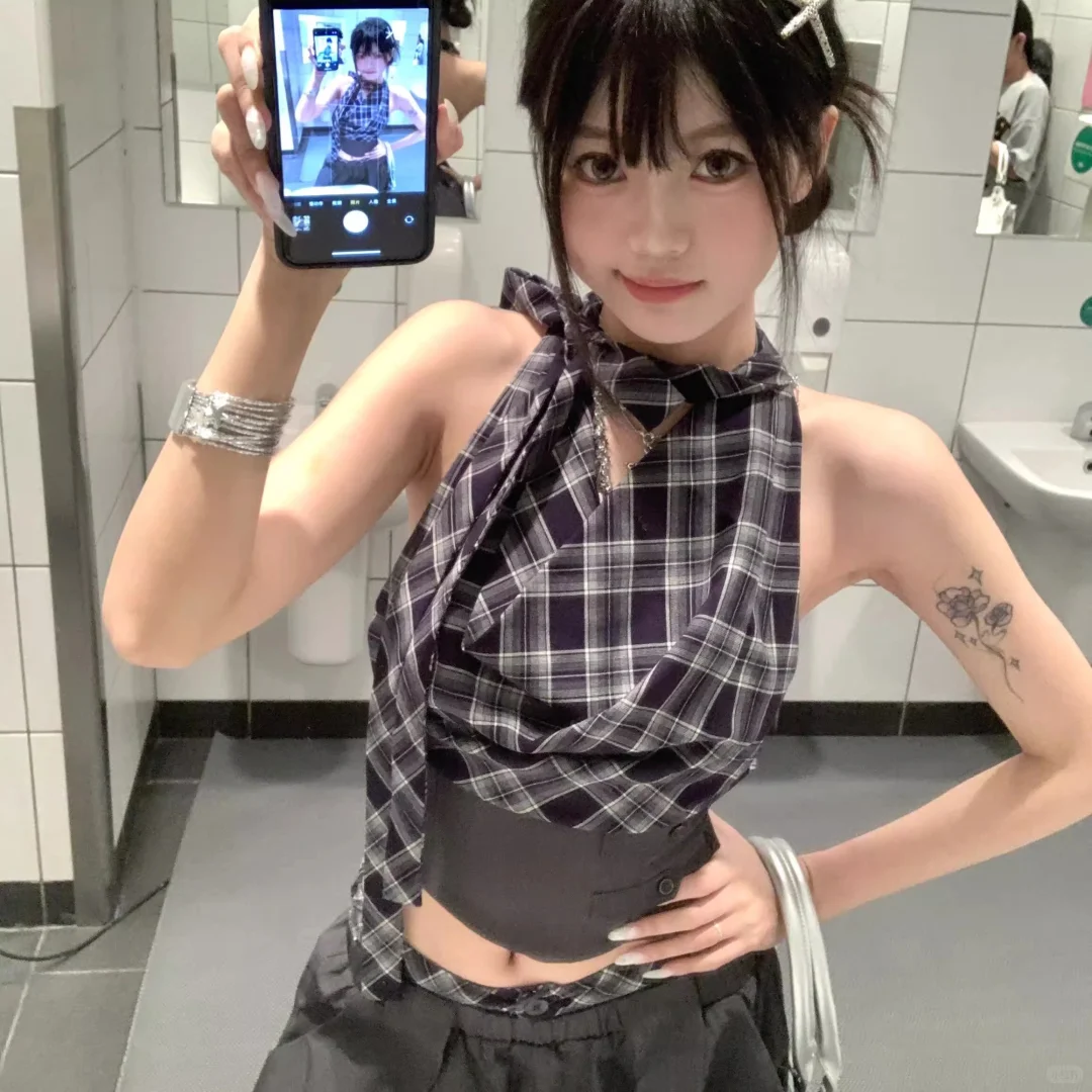 美式辣妹褶皱格纹飘带挂颈背心女夏季气质短