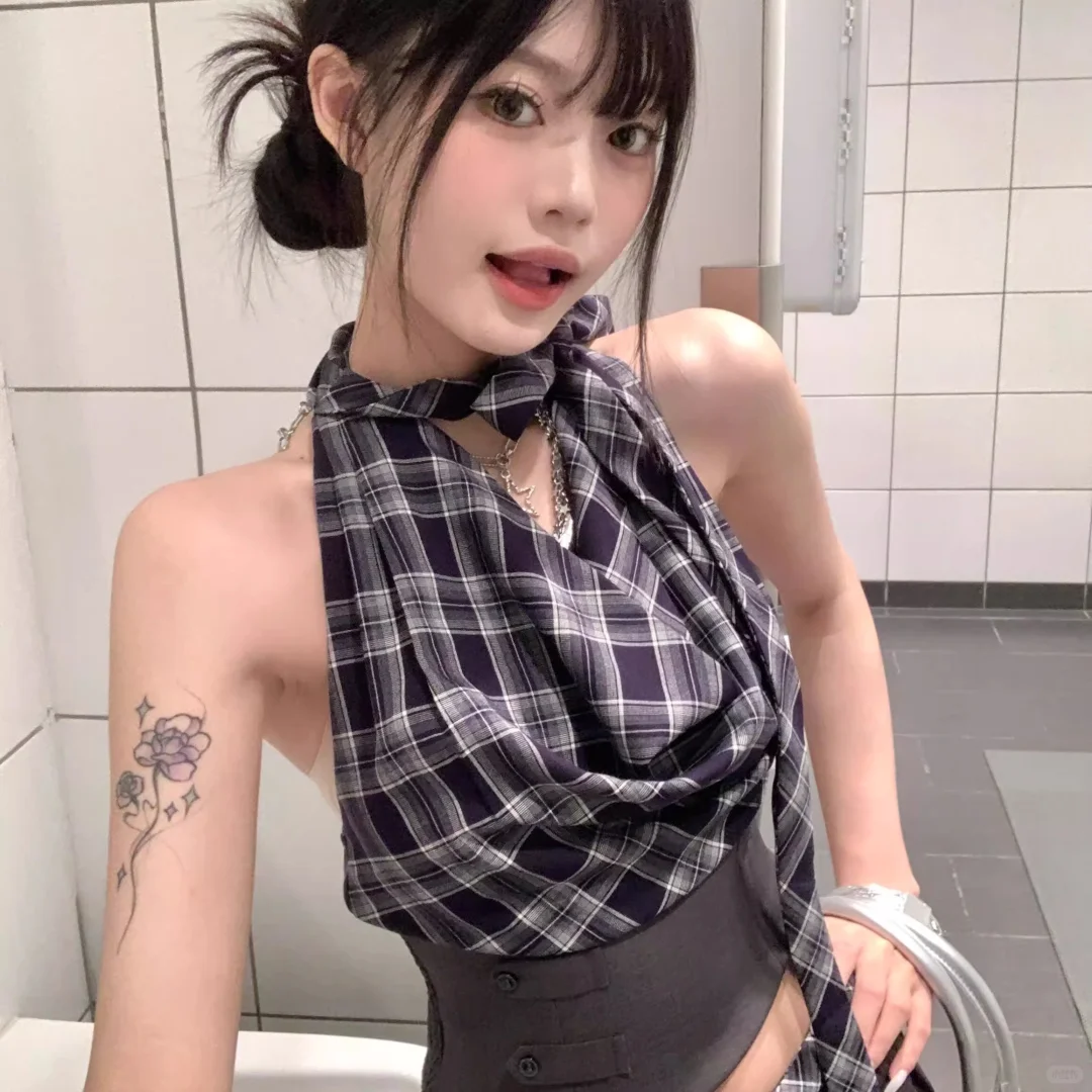 美式辣妹褶皱格纹飘带挂颈背心女夏季气质短