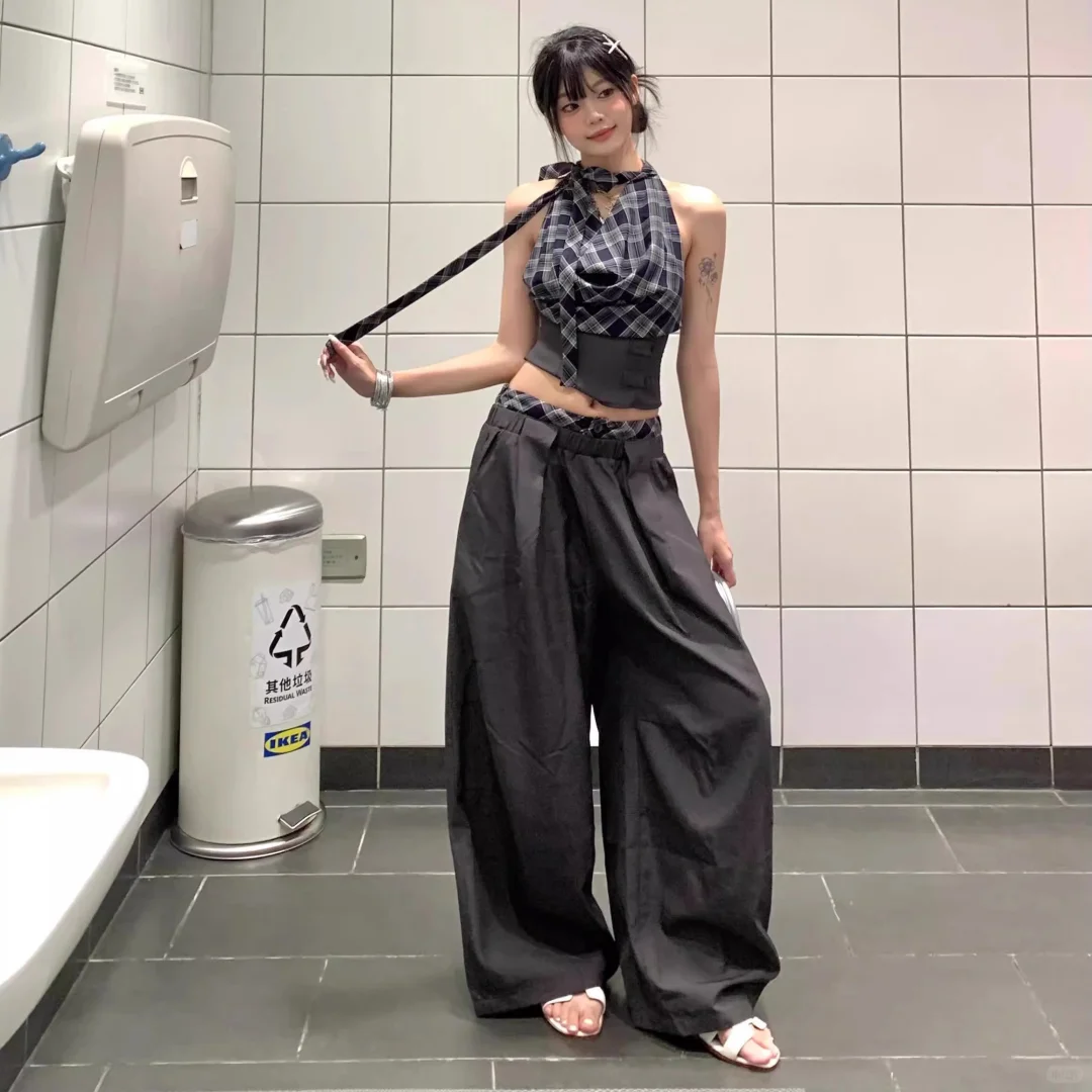 美式辣妹褶皱格纹飘带挂颈背心女夏季气质短