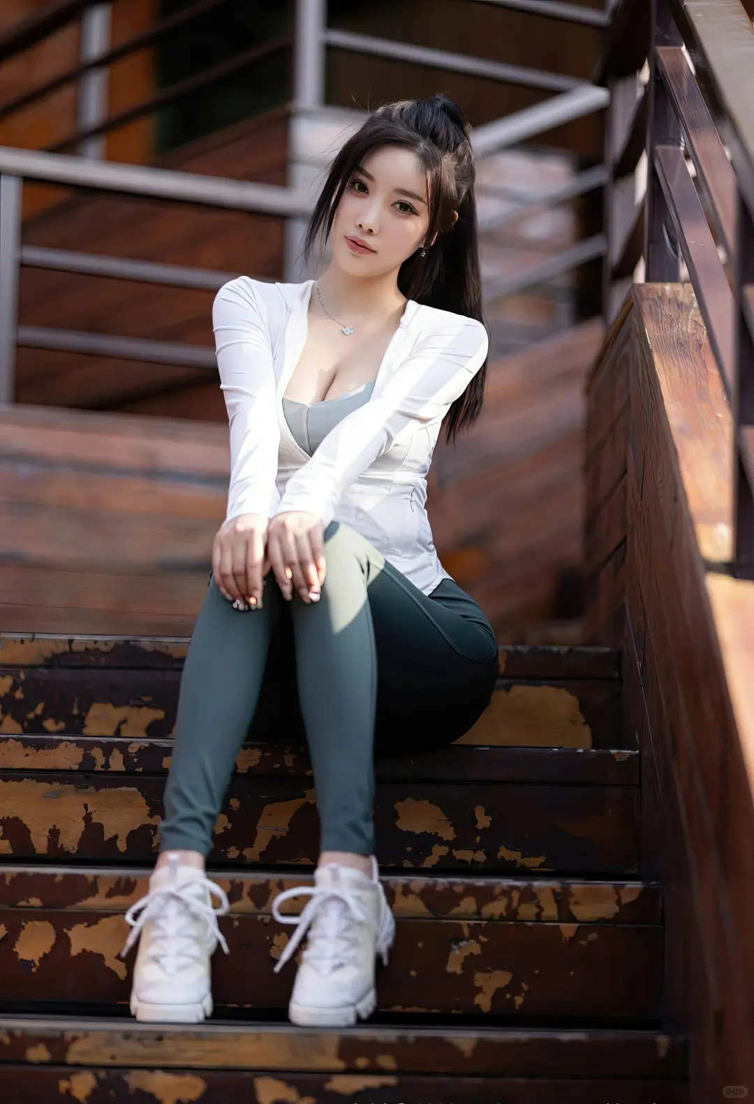 美女写真|白色运动上衣➕墨绿色瑜伽裤