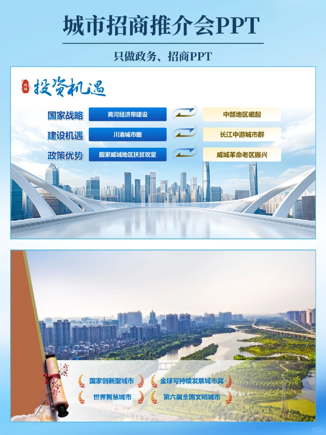 浅色简约风城市招商推介会PPT高端设计