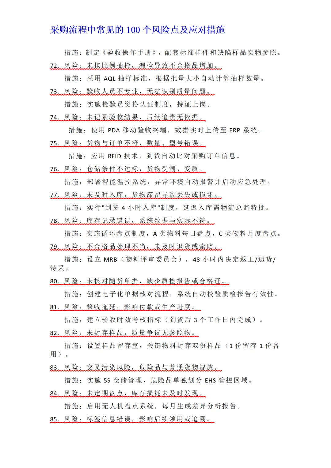 采购流程中常见的100个风险点及应对措施