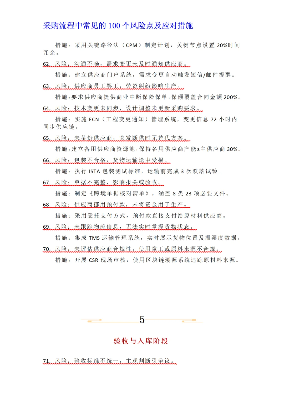 采购流程中常见的100个风险点及应对措施