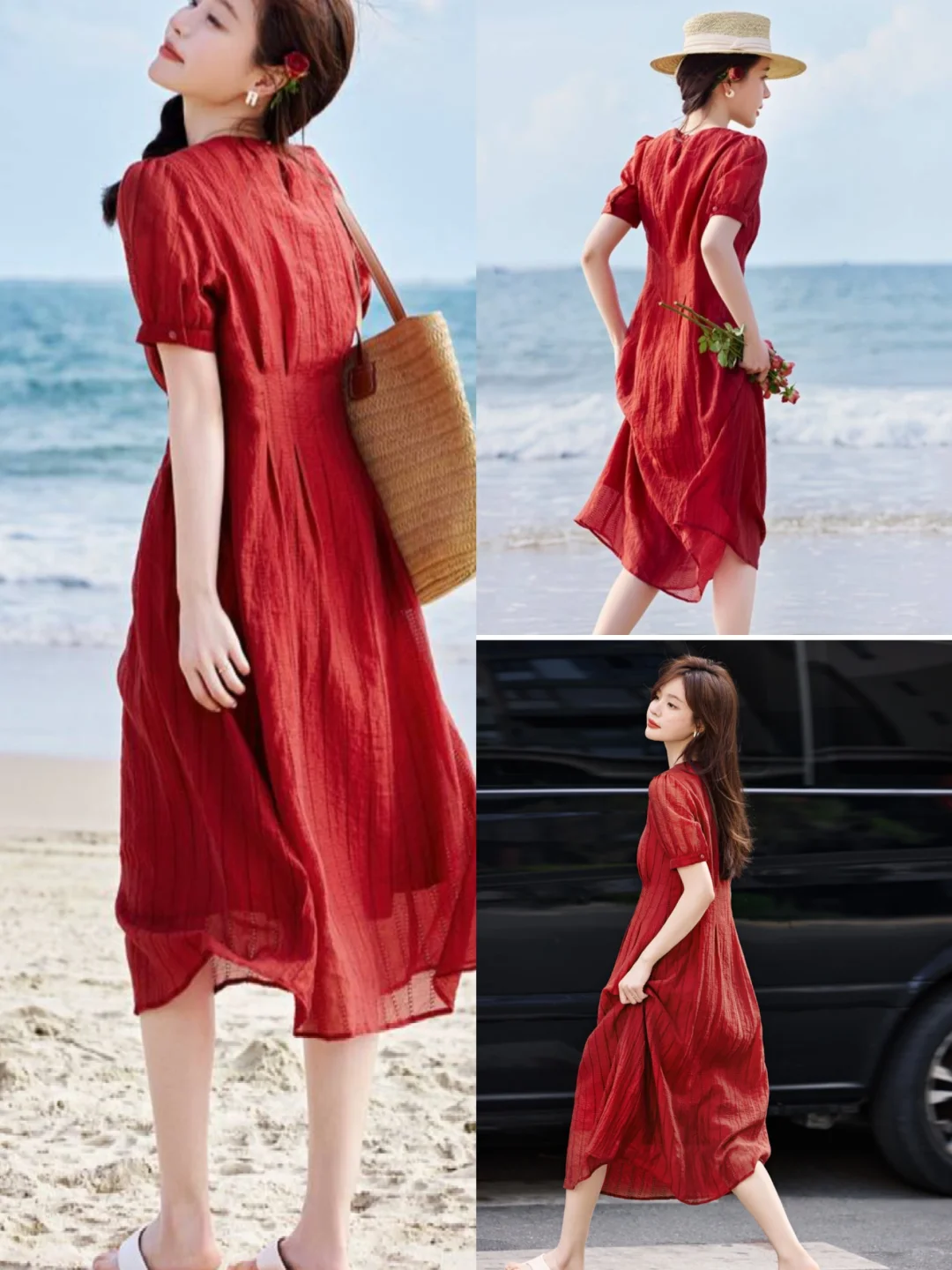 又法又仙又森女！哥弟红色系连衣裙度假穿搭