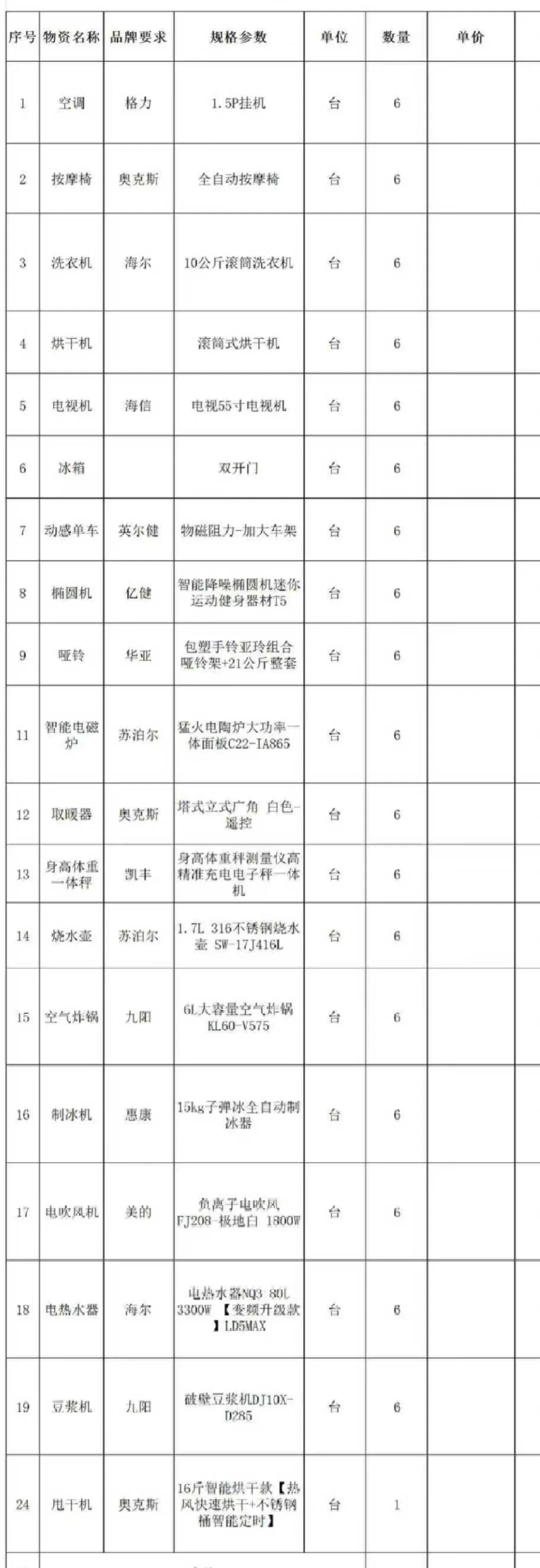 采购电器及健身器材