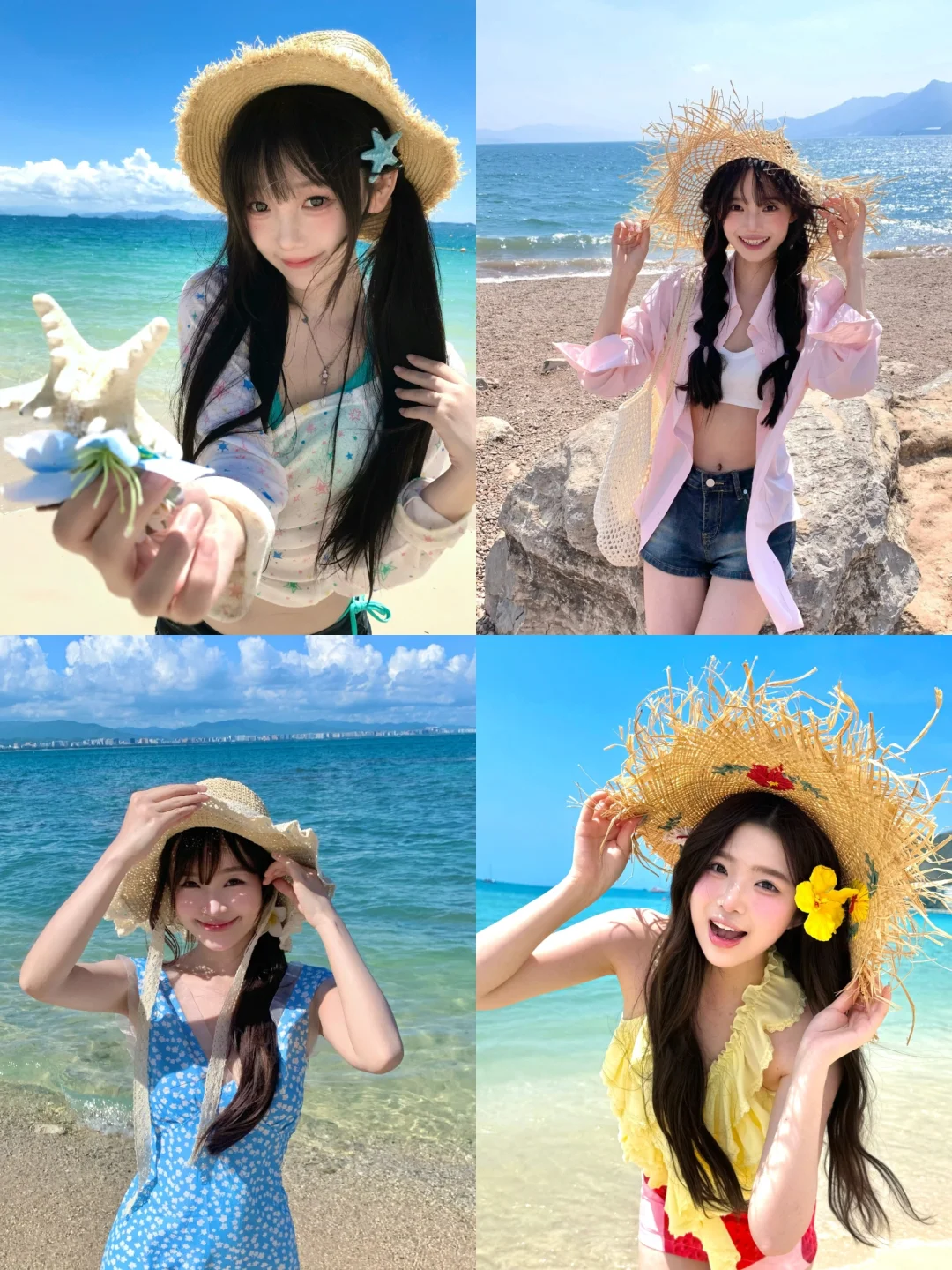 存几个海边戴草帽生命力拍照姿势呀?