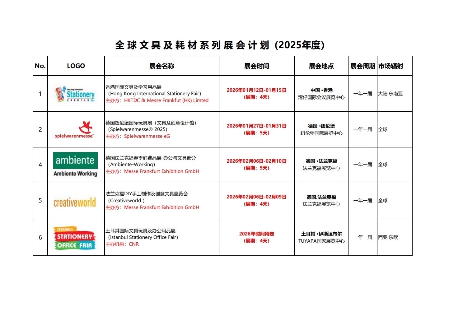 全球文具及耗材系列展会计划表