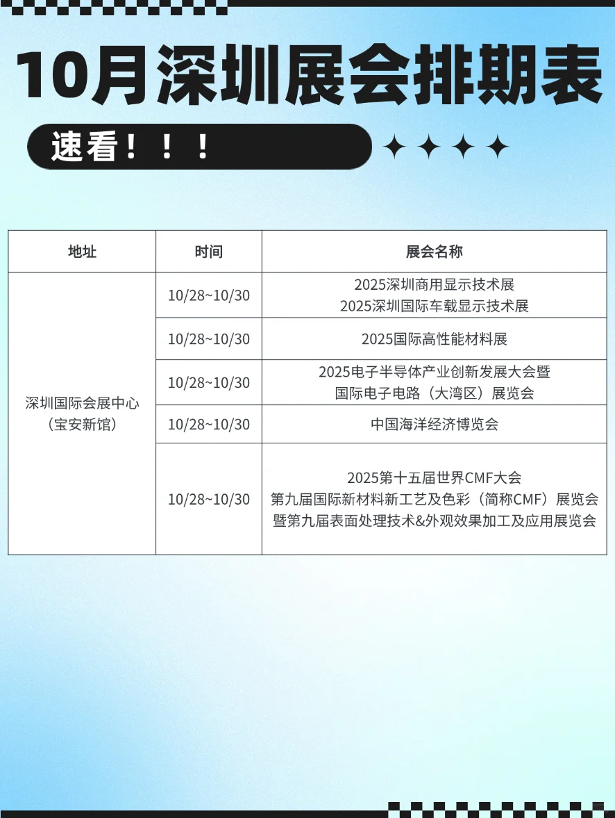 10月深圳展会排期超前发布！快来看去哪个！