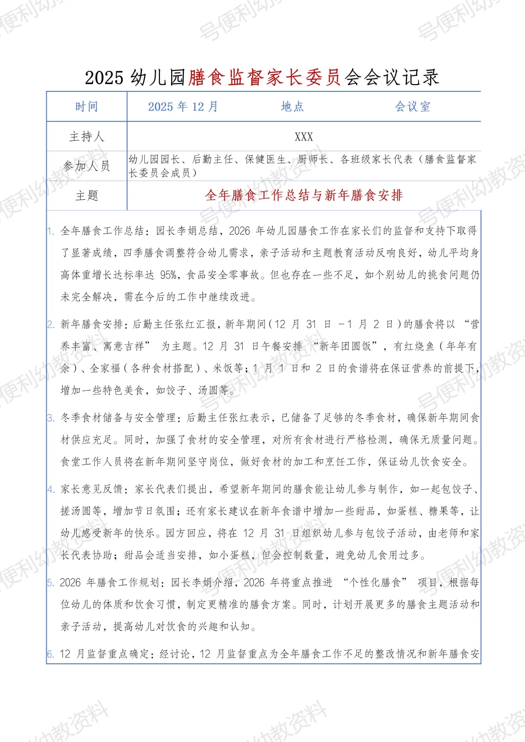 2025幼儿园秋季膳食监督家长委员会会议记录