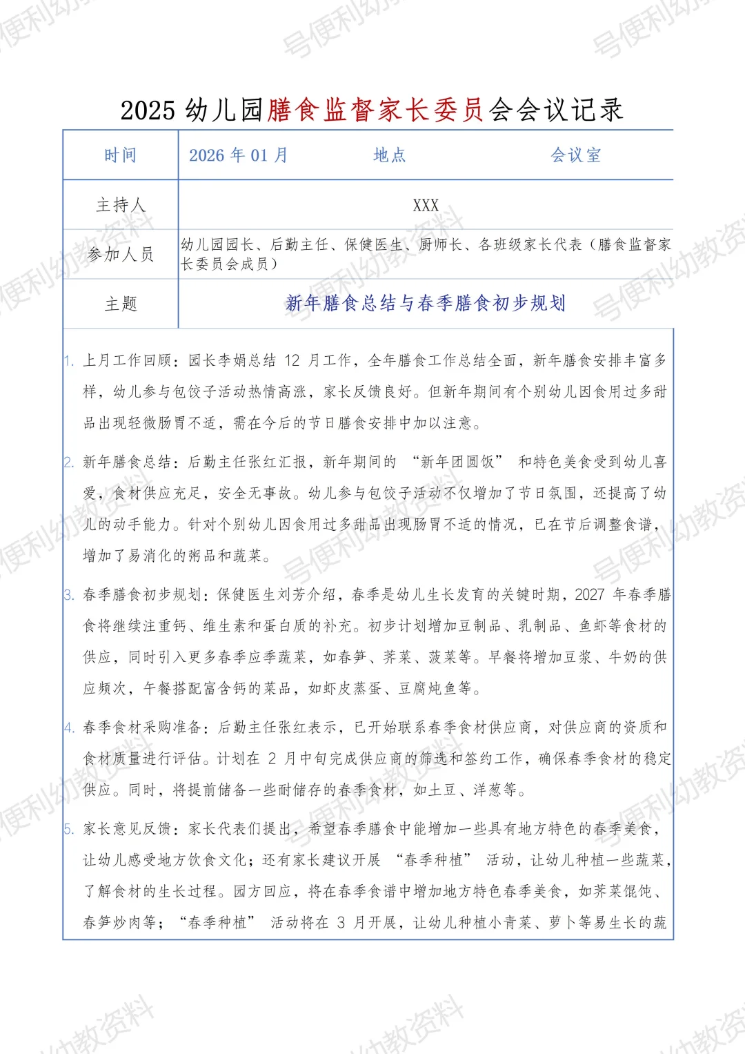 2025幼儿园秋季膳食监督家长委员会会议记录