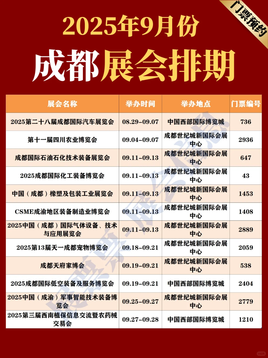 成都展会 | 2025年9月展览排期表（共12场）