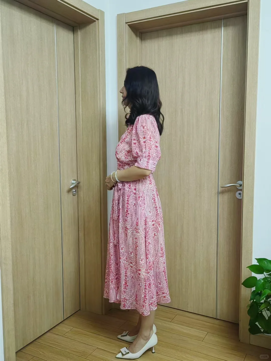 45+女人粉色花点连衣裙｜颜色就是心情