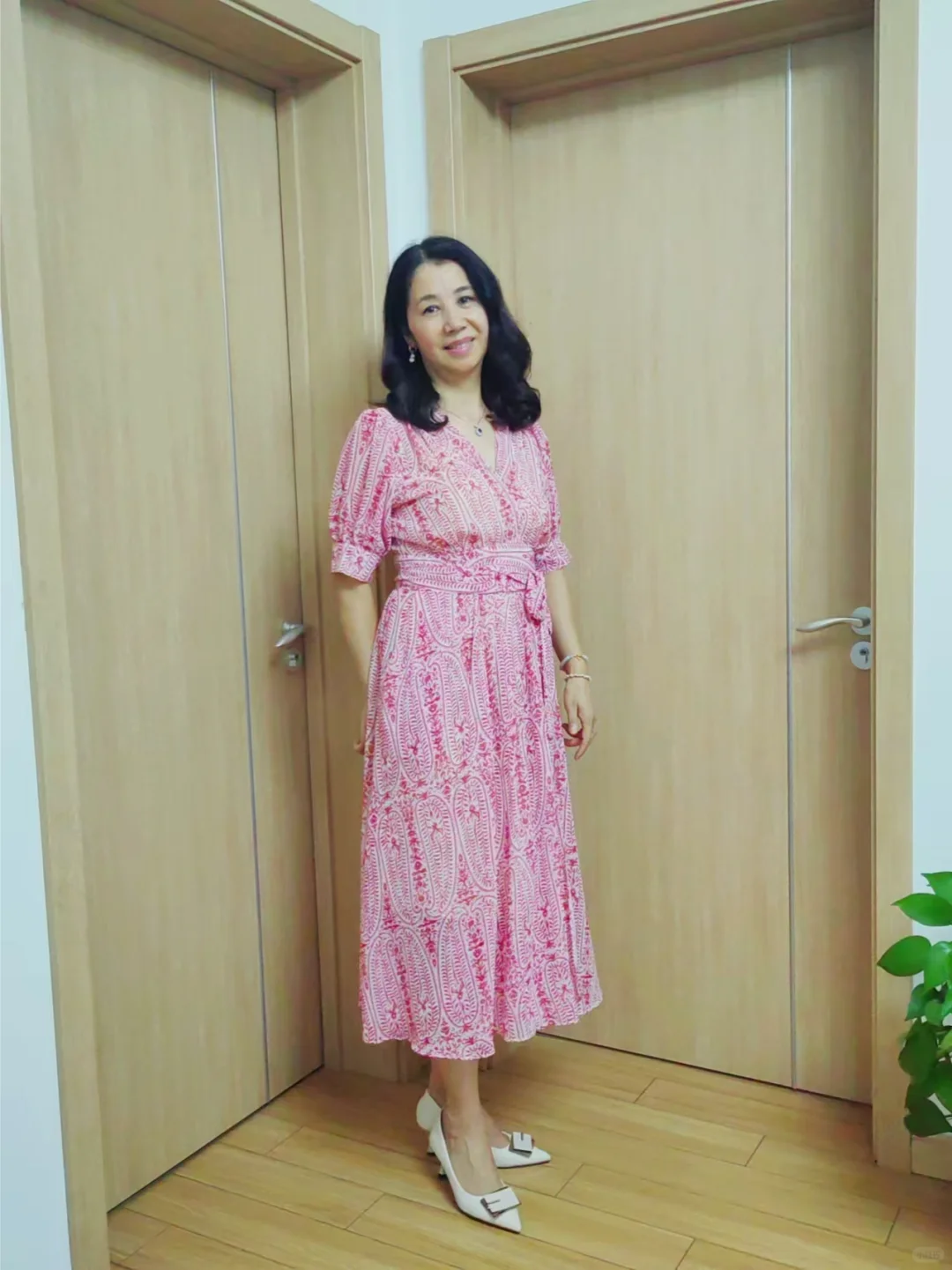 45+女人粉色花点连衣裙｜颜色就是心情