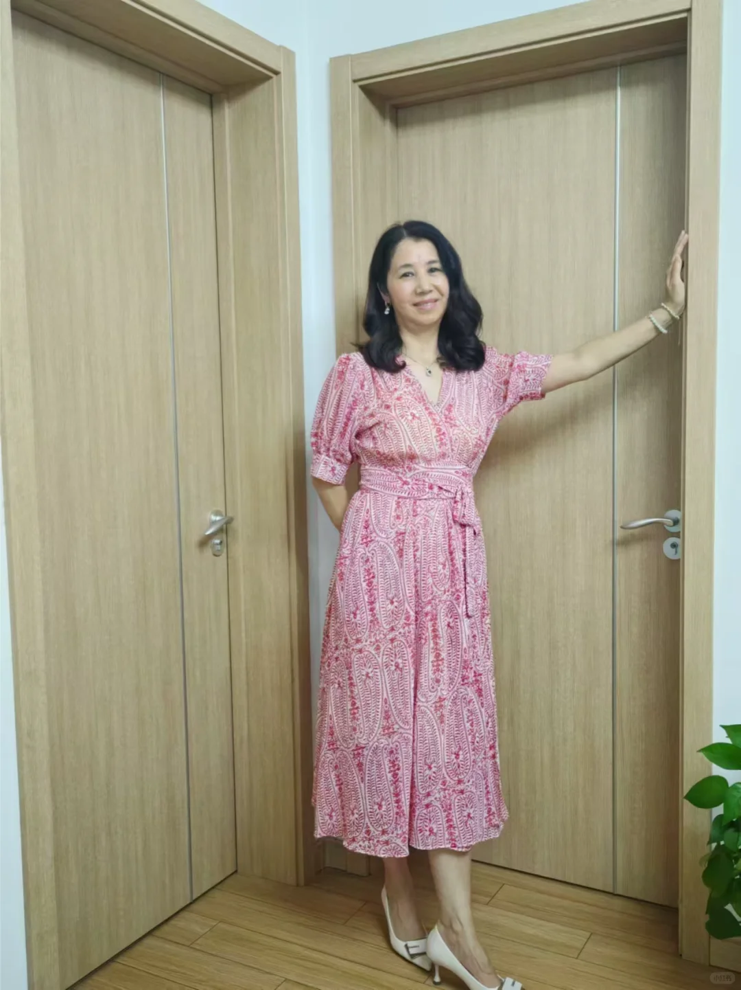 45+女人粉色花点连衣裙｜颜色就是心情