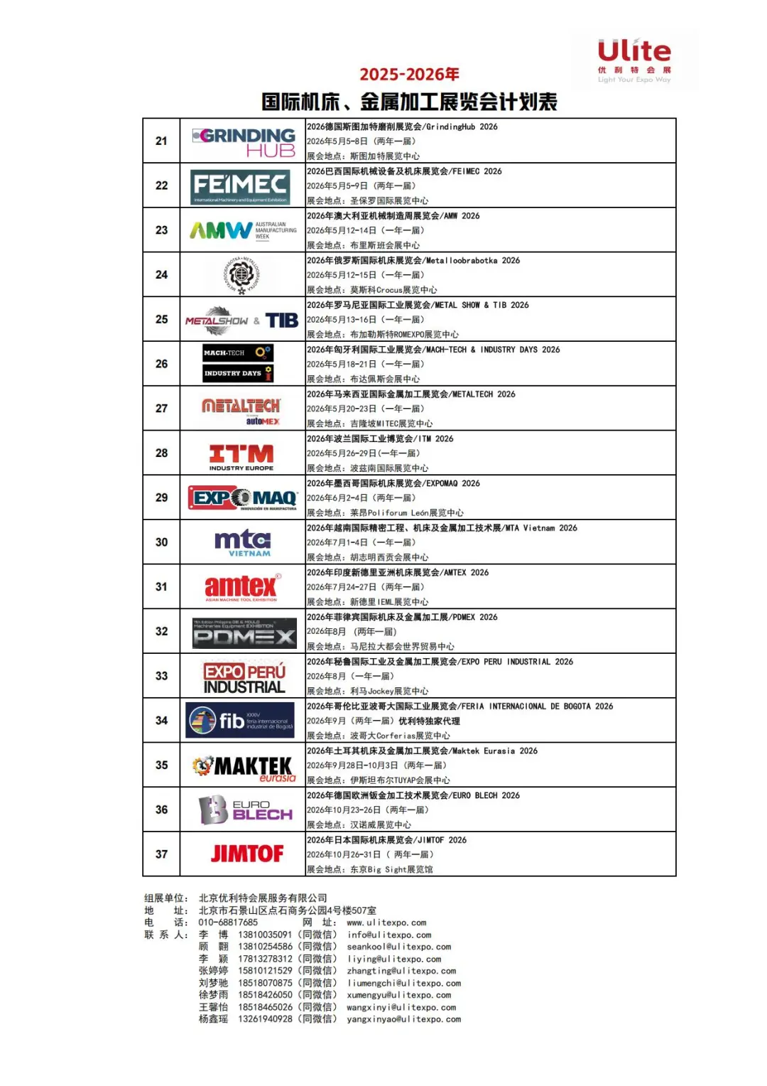 2025-2026国际机床展、金属加工计划