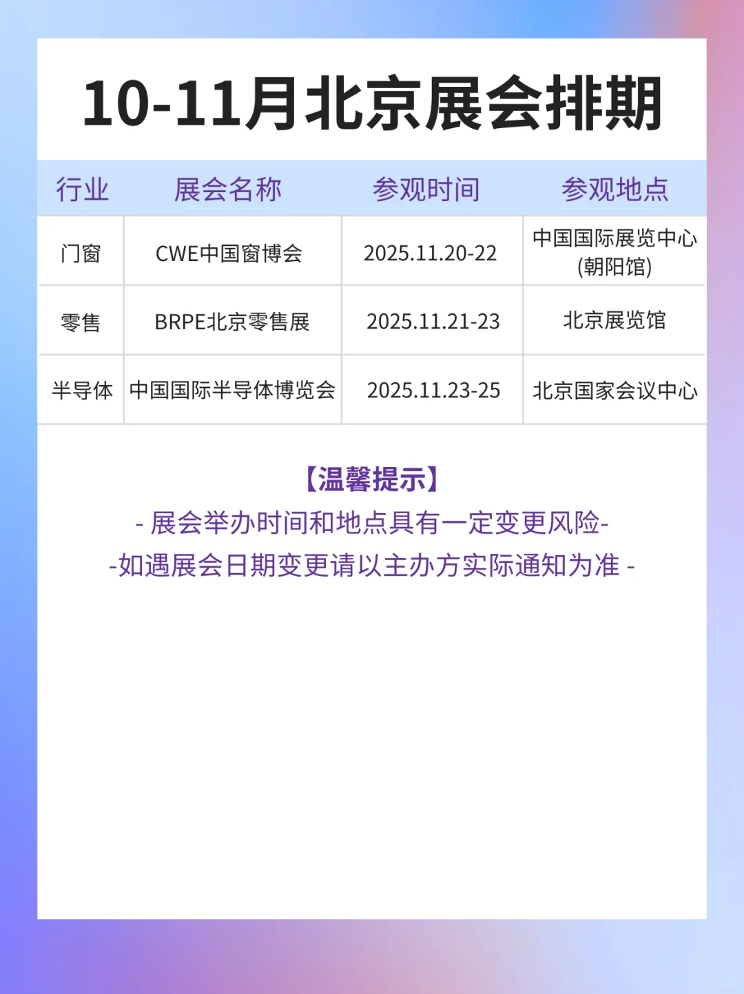 最新版丨10-11月北京展会排期表