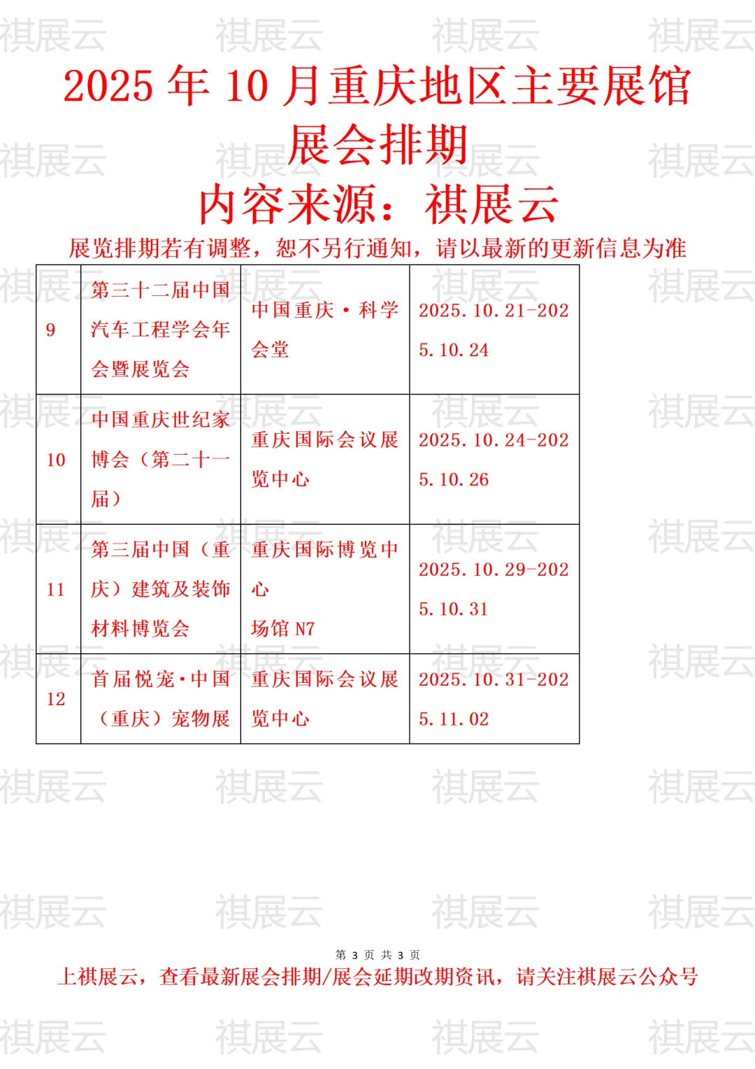 2025年10月重庆地区主要展馆展会预告