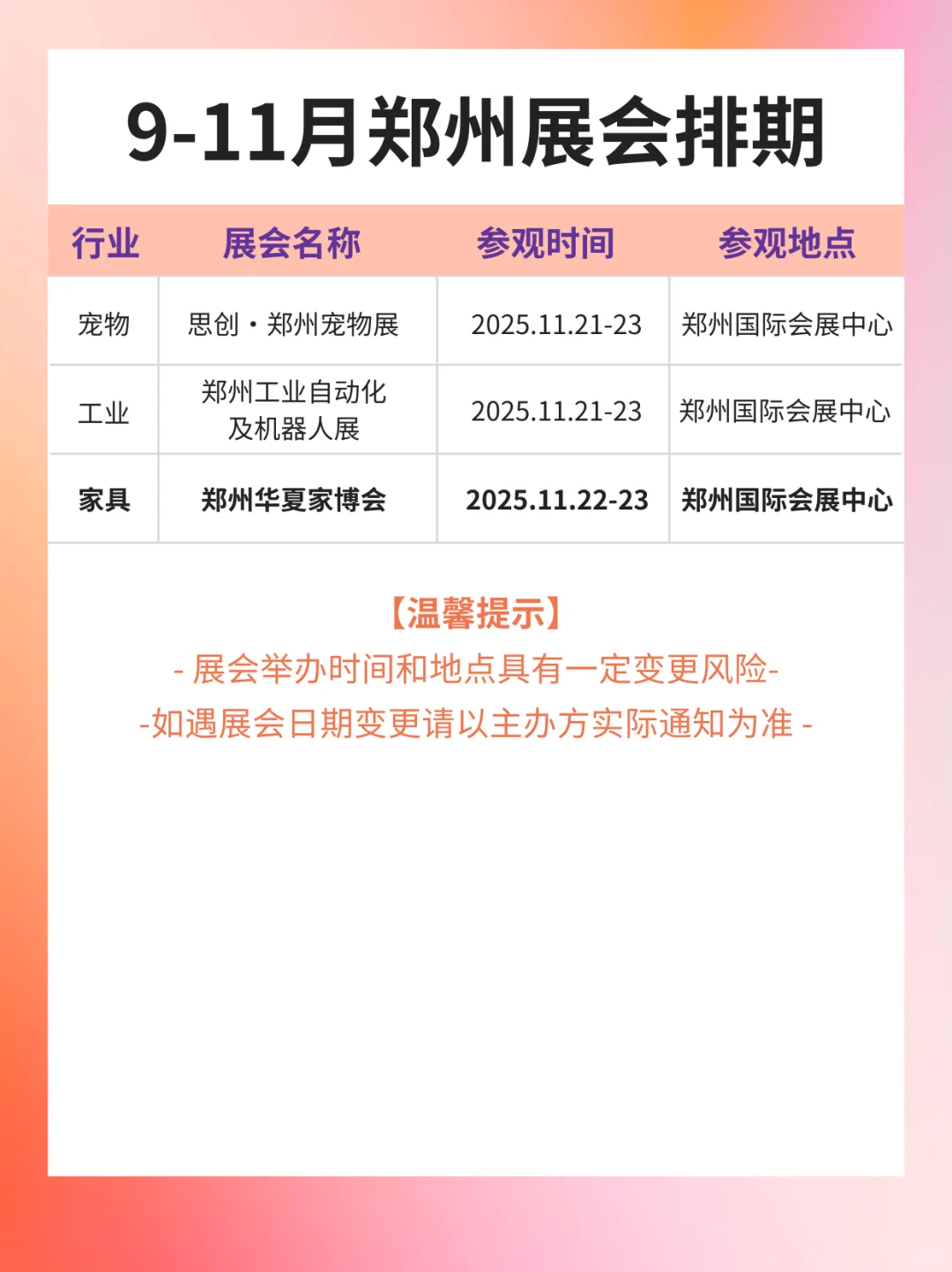 最新版丨9-11月郑州展会排期时间表