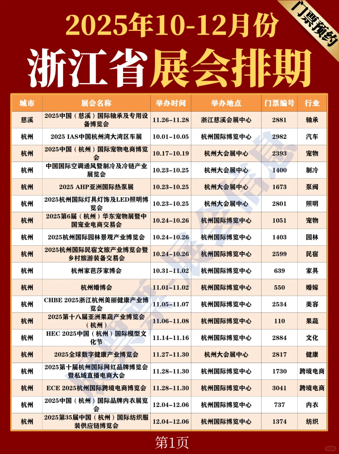 浙江省10-12月份展会排期表（门票预约）