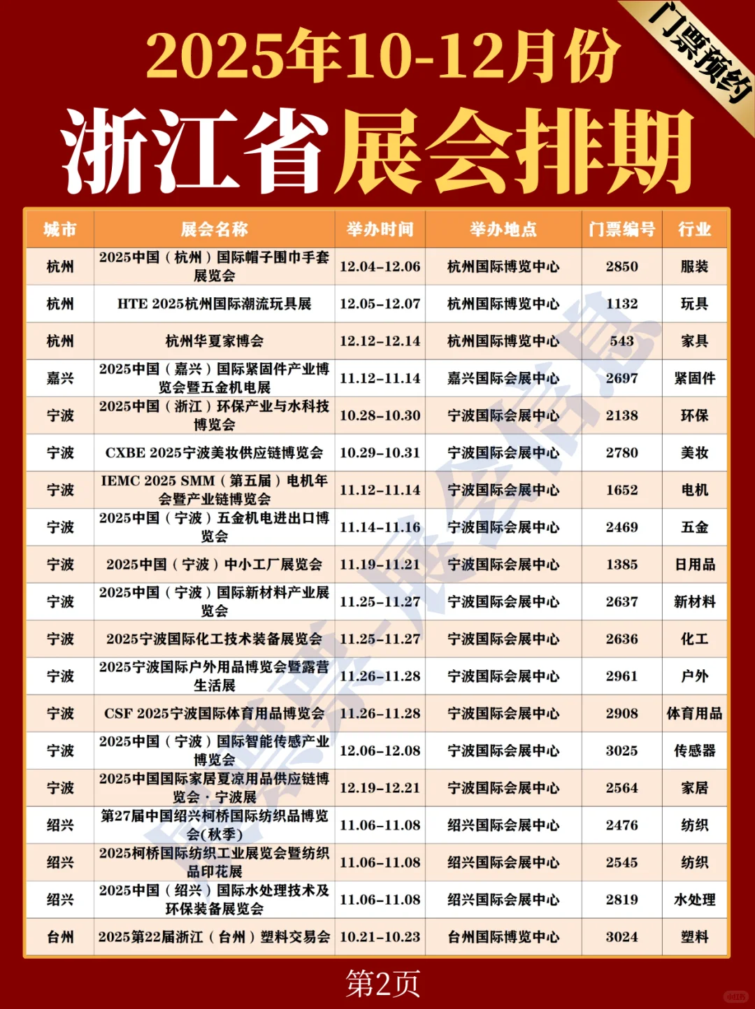 浙江省10-12月份展会排期表（门票预约）