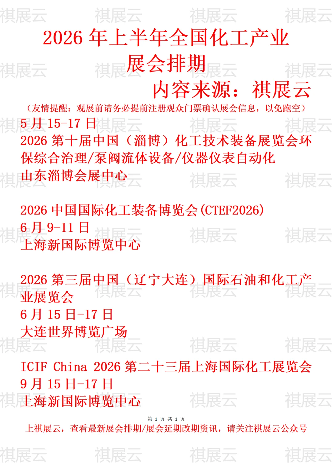 2026上半年全国化工装备/石化/化工展会排期
