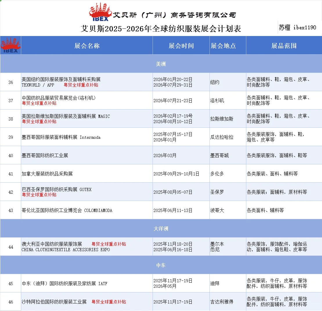 更新纺织行业海外专业展排期目录表