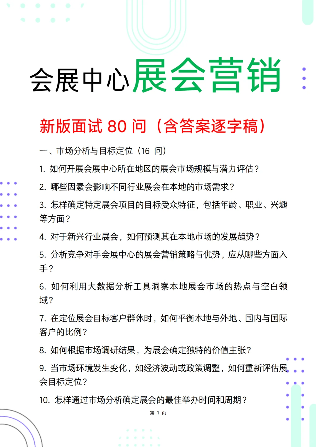 会展中心展会营销面试遇到的80个问题
