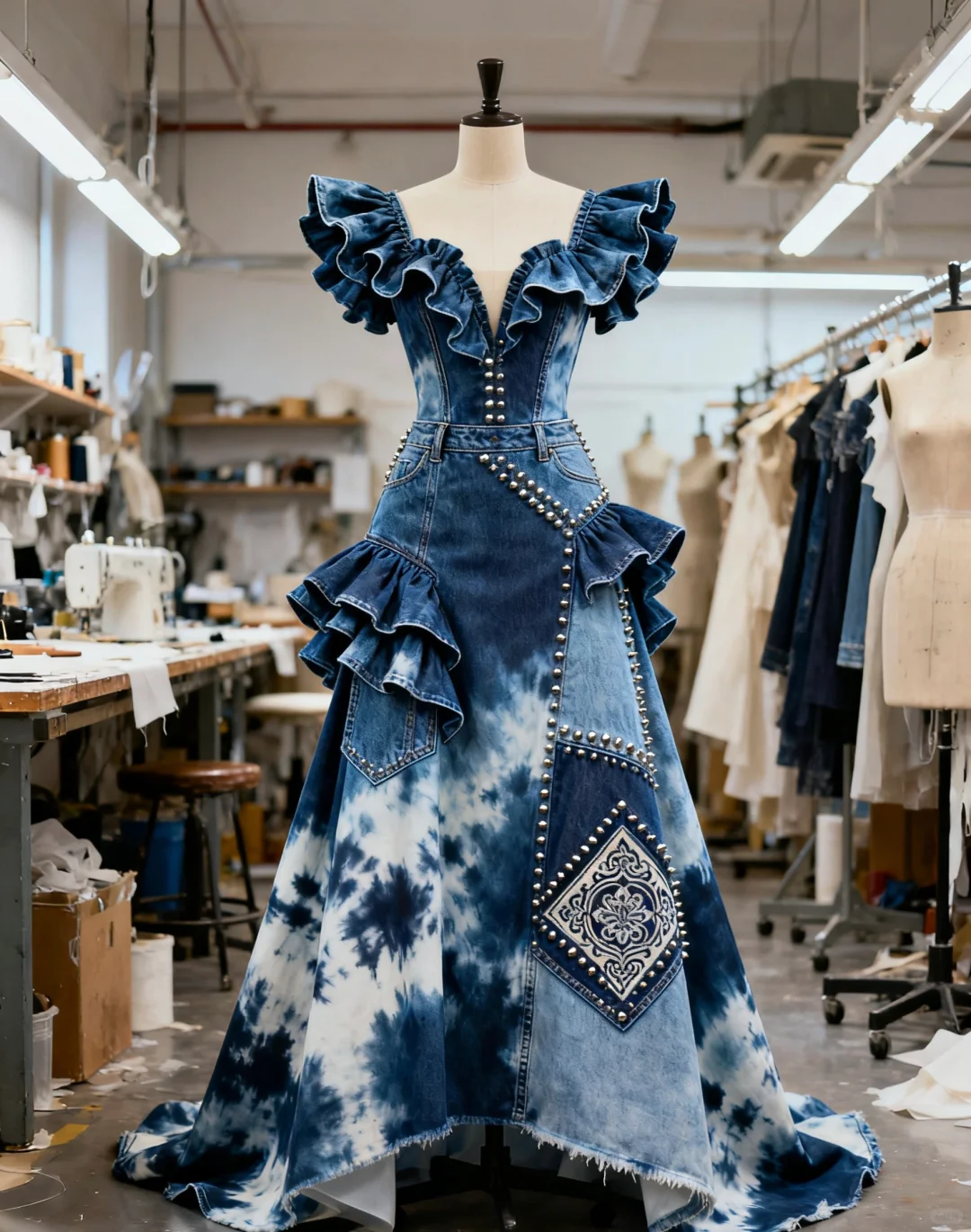 这件融合扎染工艺与牛仔元素的礼服真的杀疯