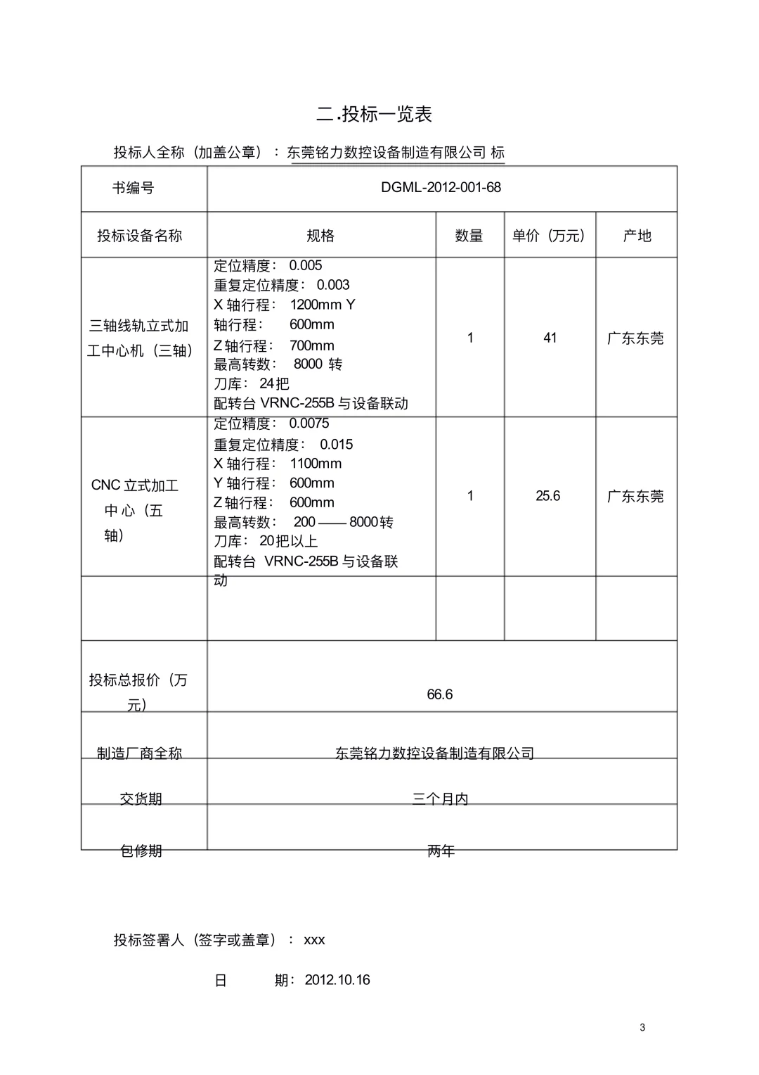 机械设备采购项目投标书
