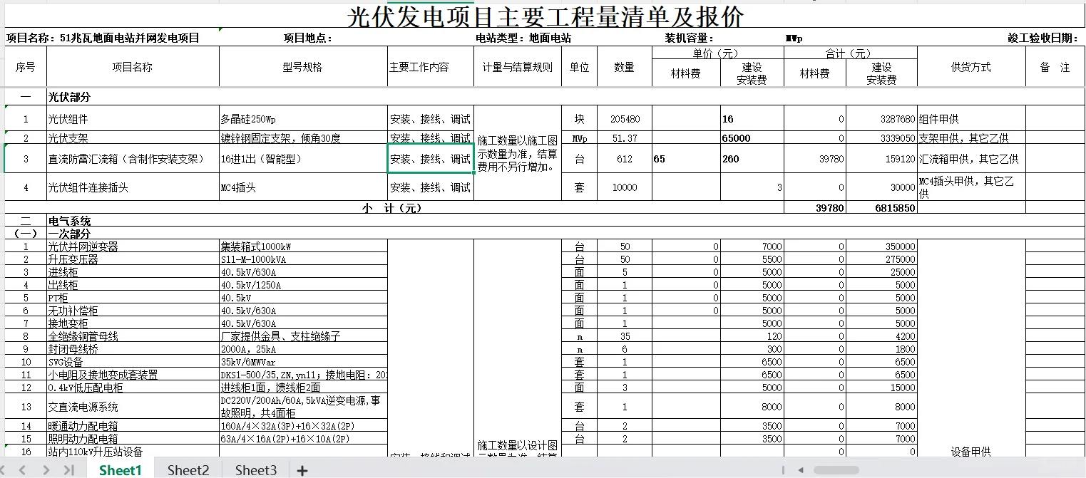 光伏发电项目工程量清单及报价表