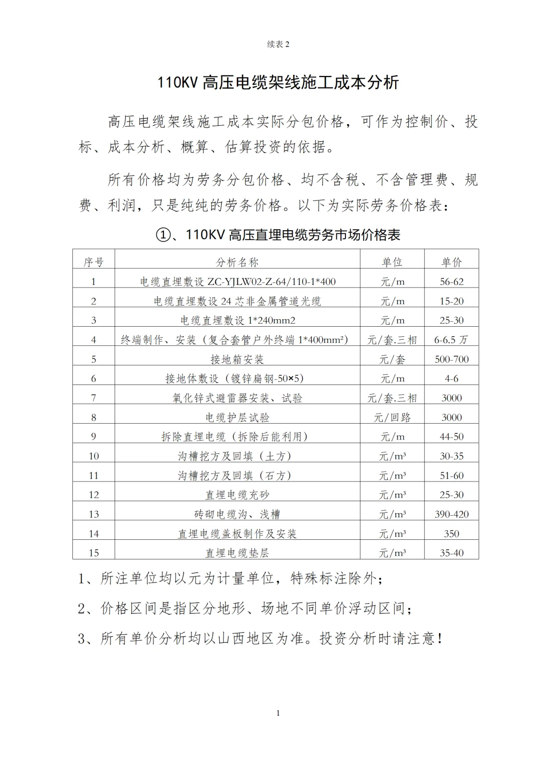 110KV高压电缆架线施工成本分析