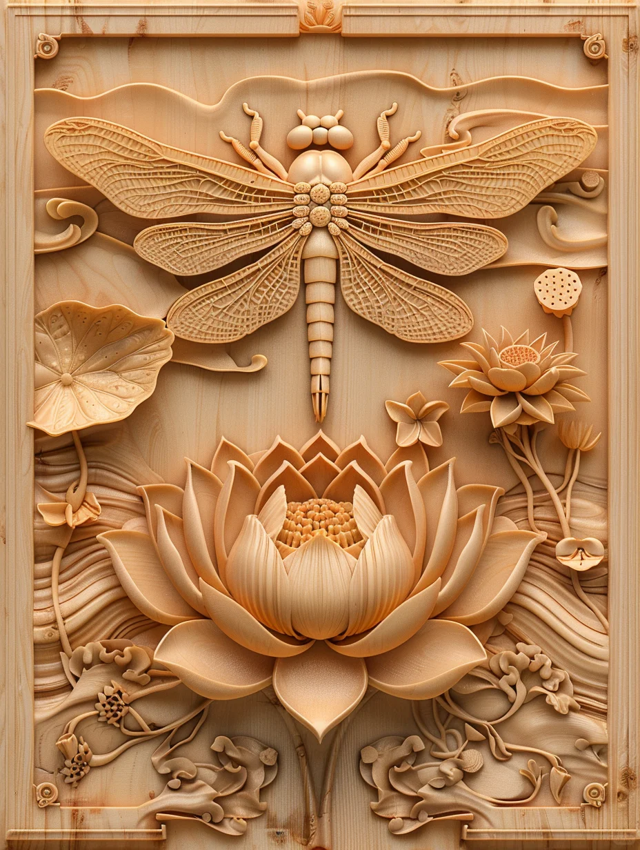 蜻蜓 荷花 吉祥图案 檀香木雕 mj