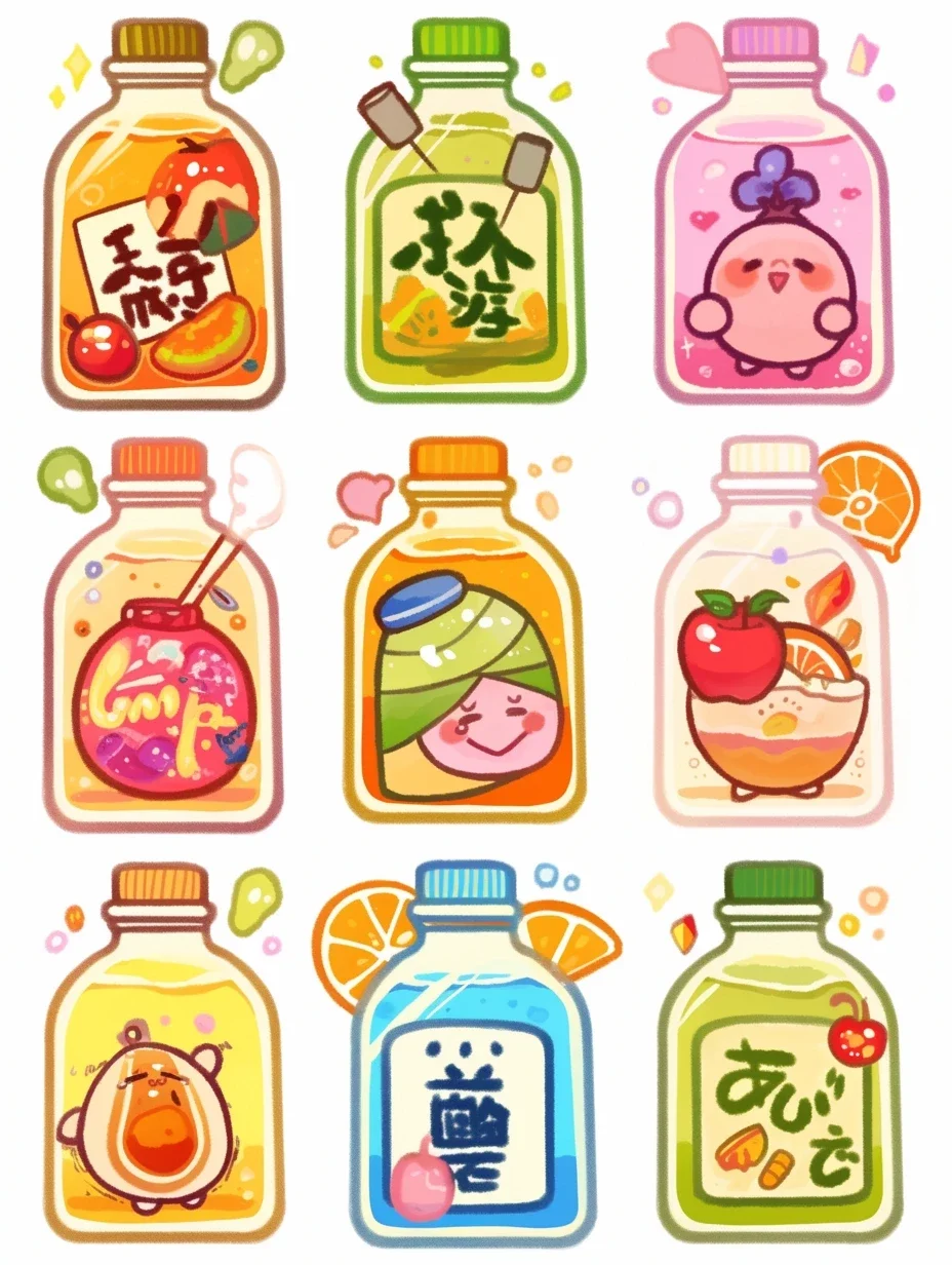 Midjourney咒语分享|可爱果汁瓶插画素材