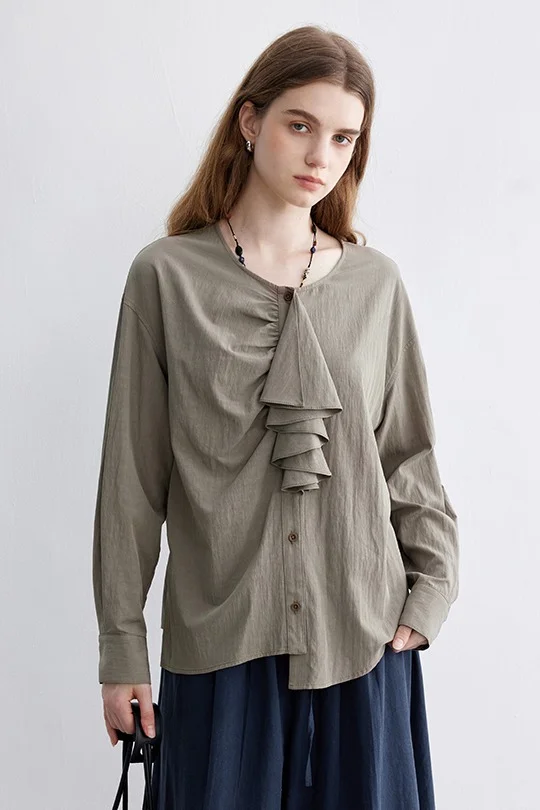 不对称剪裁|日系荷叶边门襟长袖衬衫
