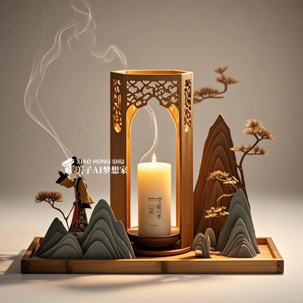 ✨AI产品设计1000个?国风竹景香薰蜡烛台