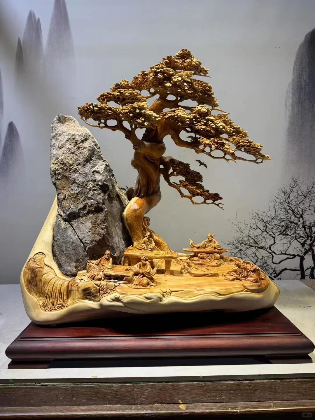 有山有树有人物的奇石根雕摆件，太美了！