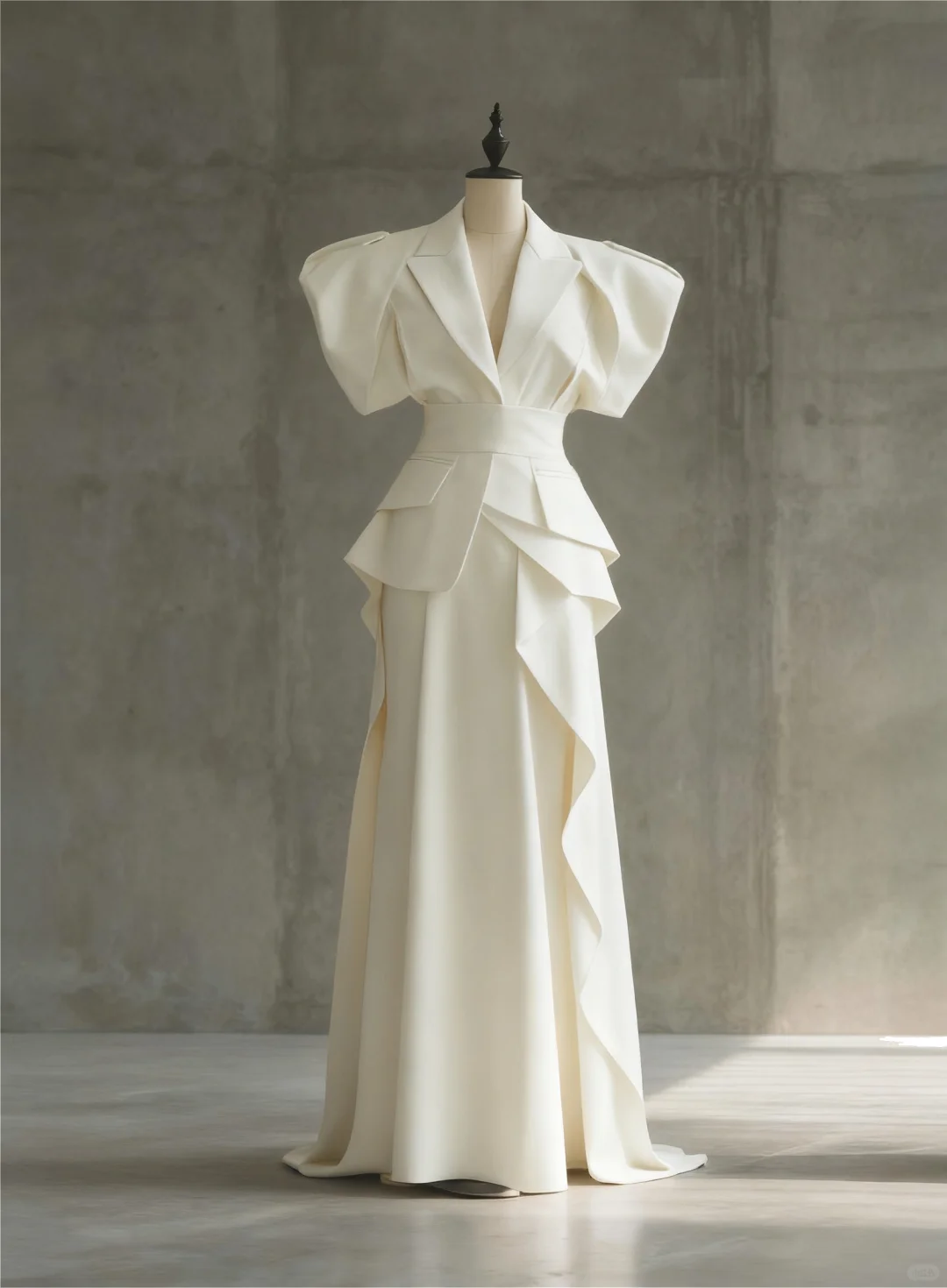 雕塑肩西装与侧瀑布长裙