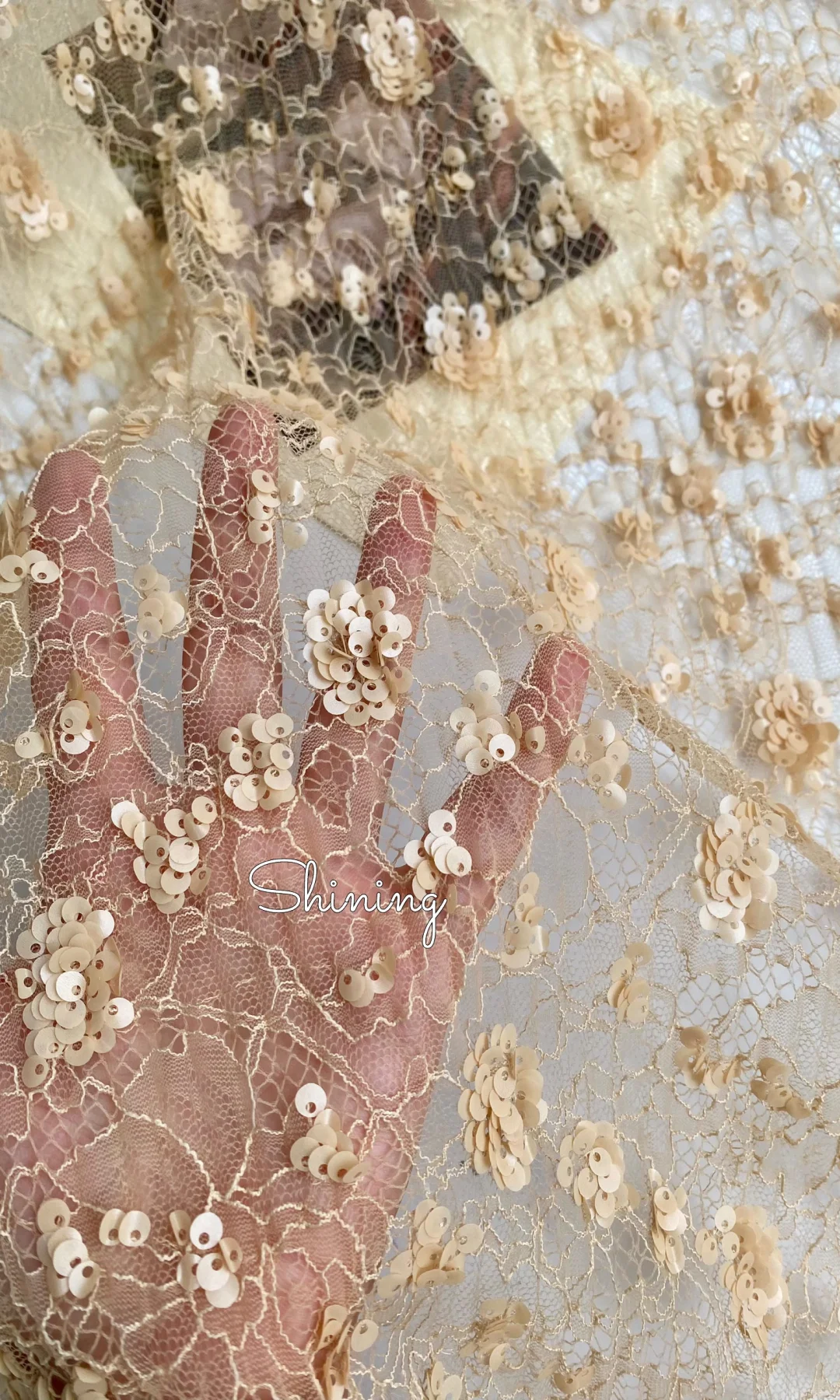 香槟色压皱蕾丝珠片绣花、太美了！