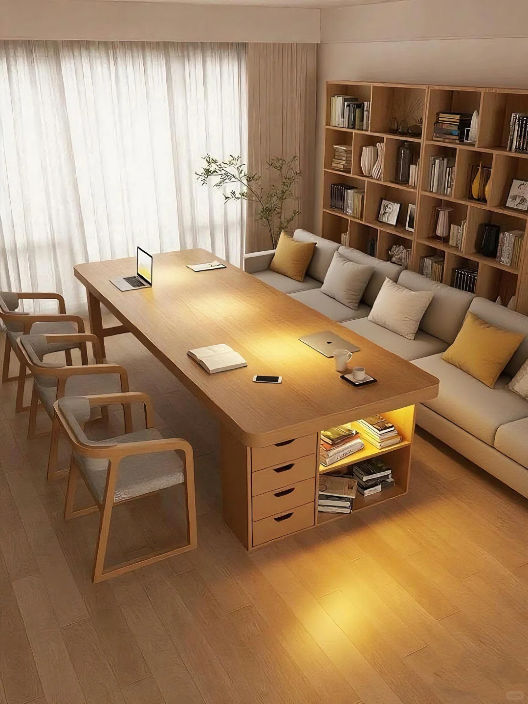 开放式学习氛围,把实木书桌搬到客厅C位,绝