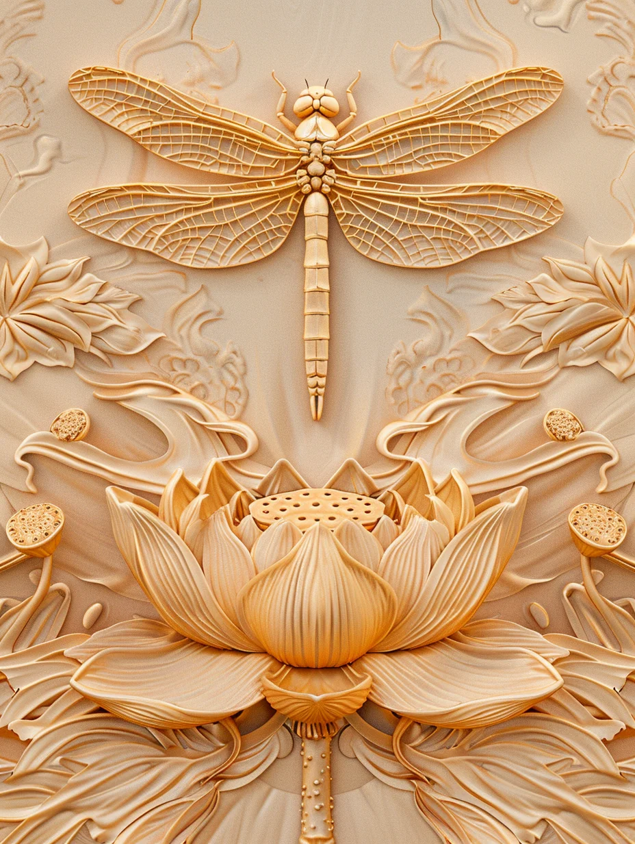 蜻蜓 荷花 吉祥图案 檀香木雕 mj