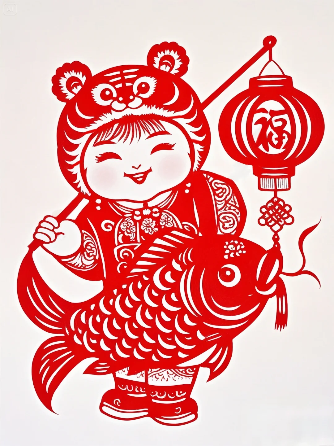 剪纸插画底稿虎头帽福娃挑灯笼~~~