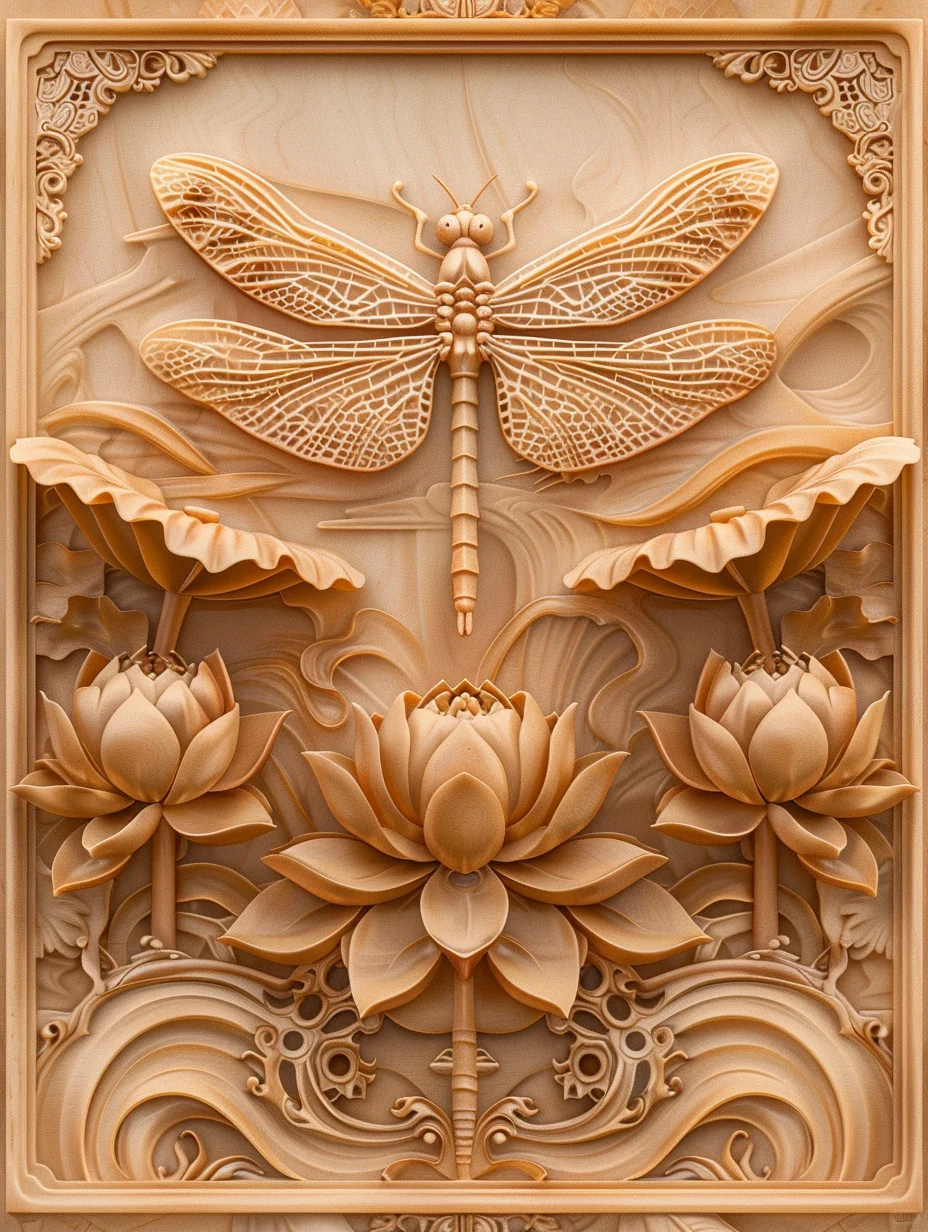 蜻蜓 荷花 吉祥图案 檀香木雕 mj