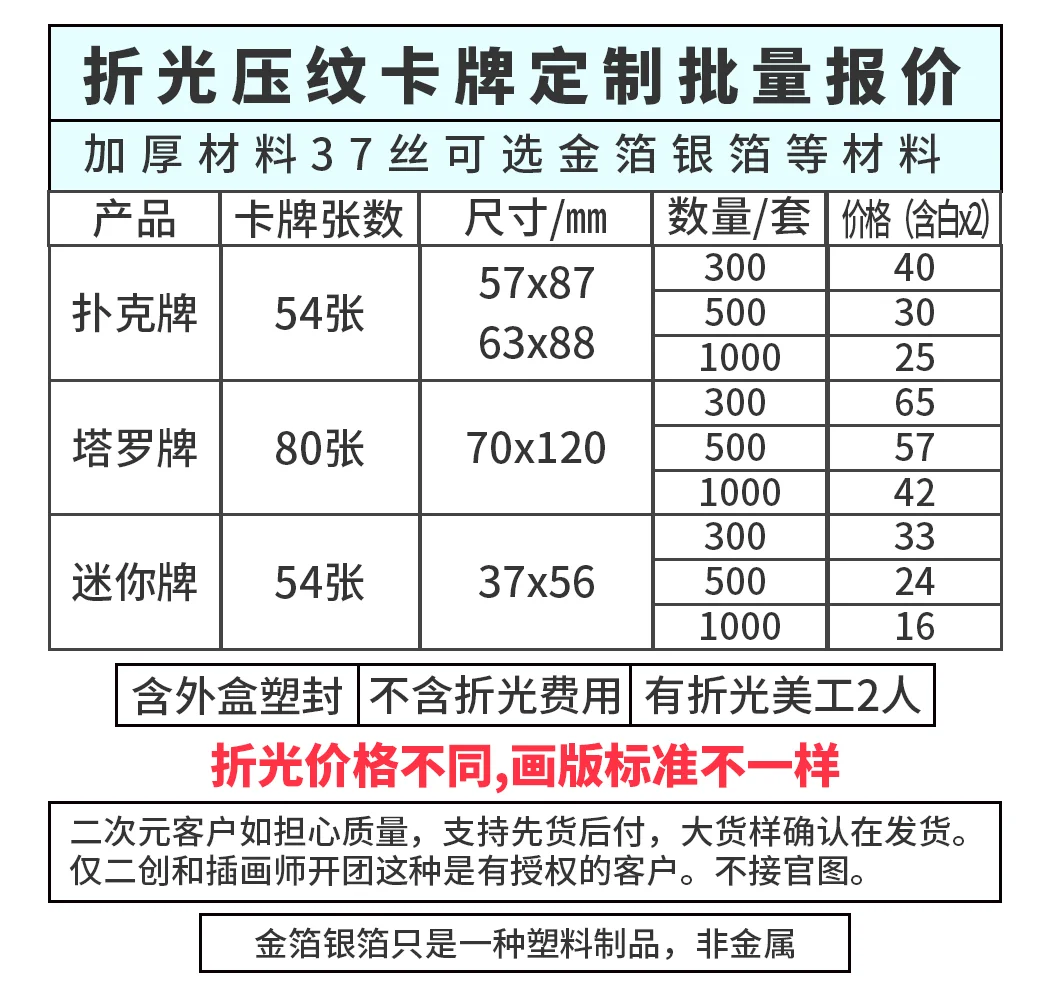 折光压纹卡牌价目表&