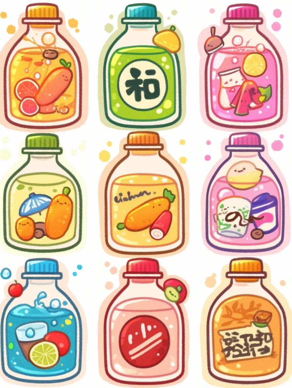 Midjourney咒语分享|可爱果汁瓶插画素材