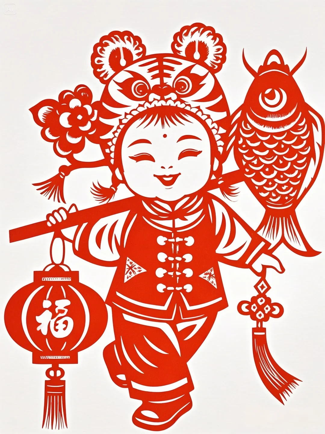 剪纸插画底稿虎头帽福娃挑灯笼~~~