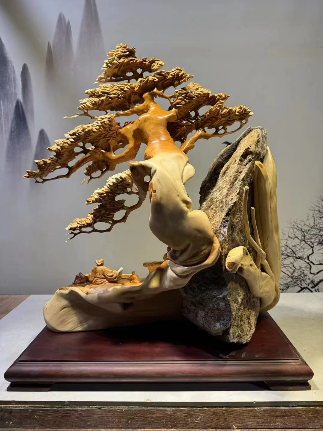 有山有树有人物的奇石根雕摆件，太美了！