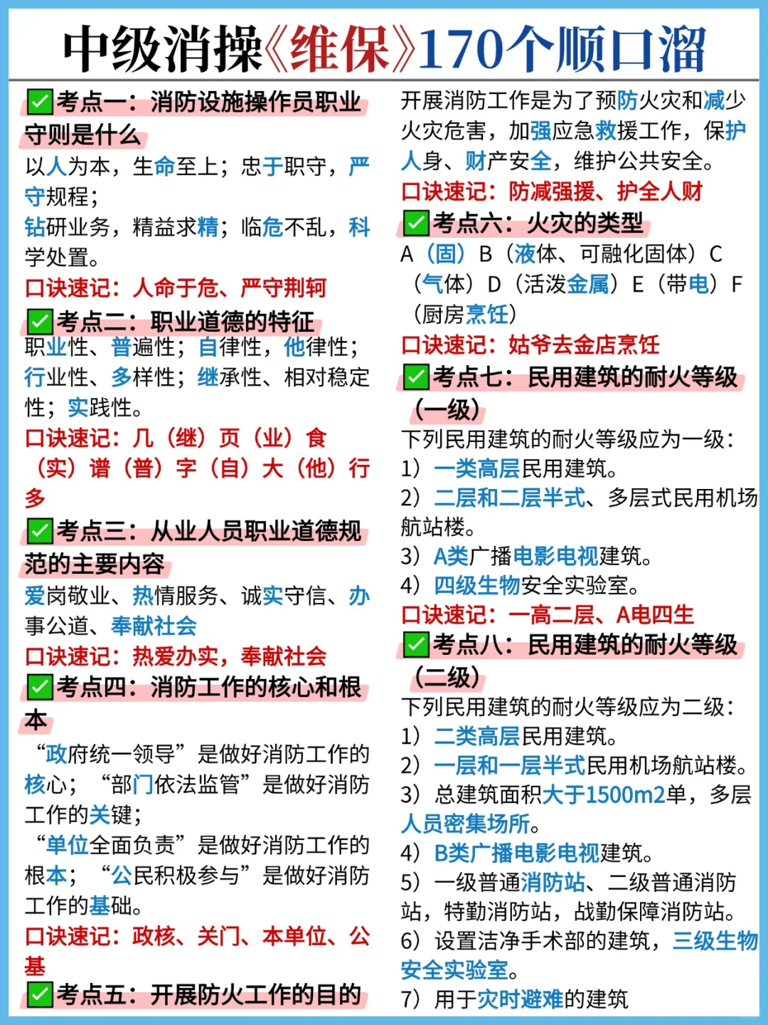 消防设施操作员190个顺口溜（急救上岸版）