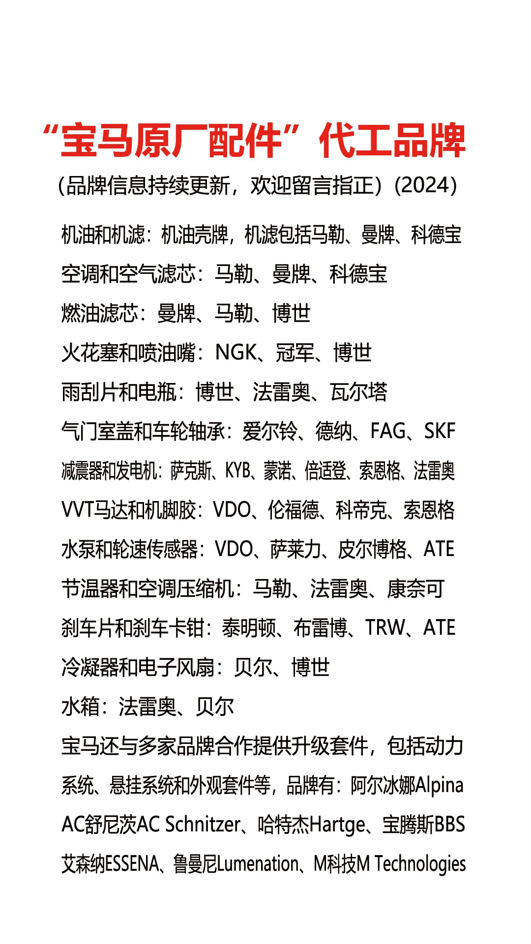 宝马原厂配件代工品牌持续更新以及改装品牌