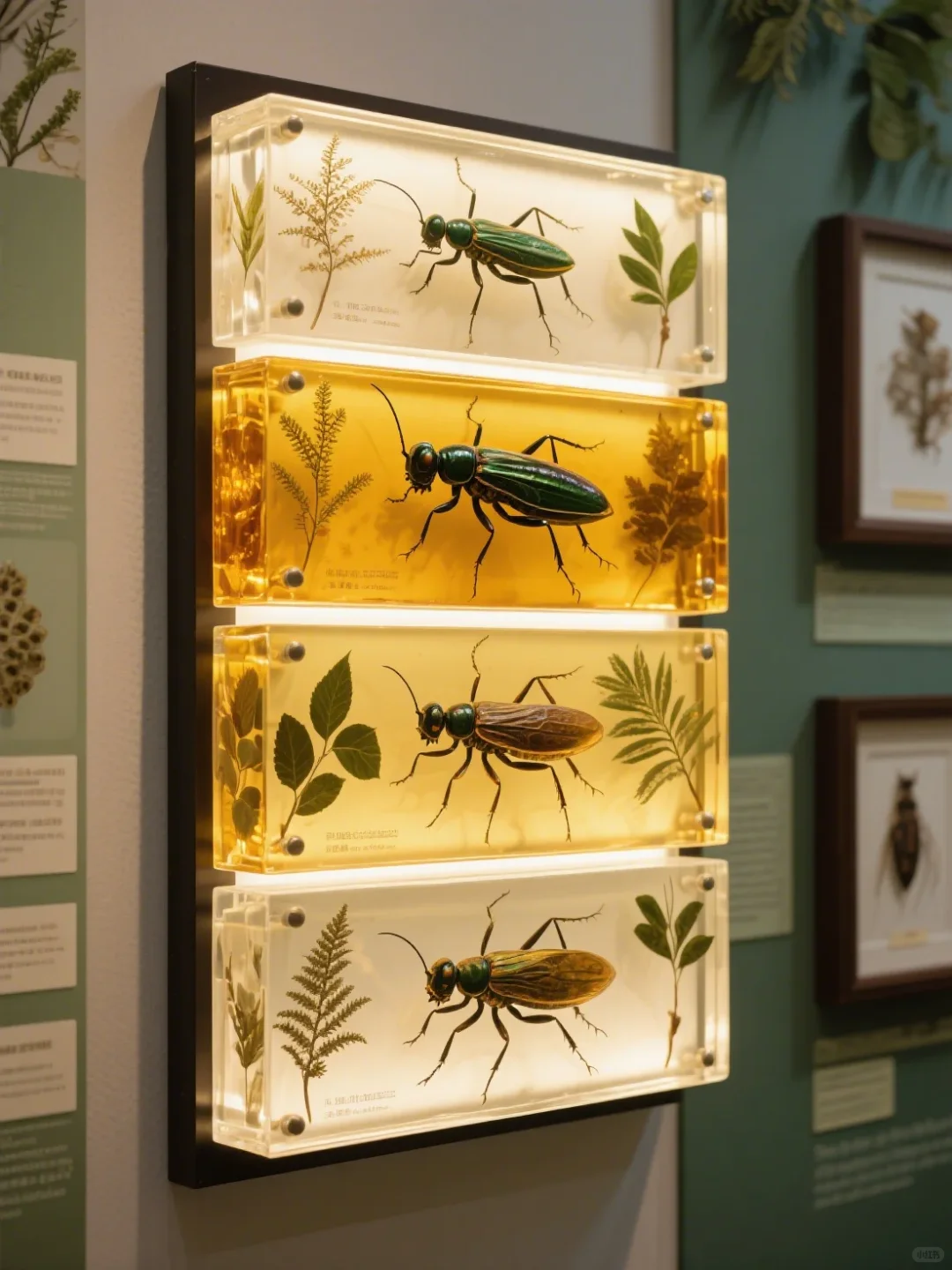 多层透明树脂浇铸化石昆虫雕塑